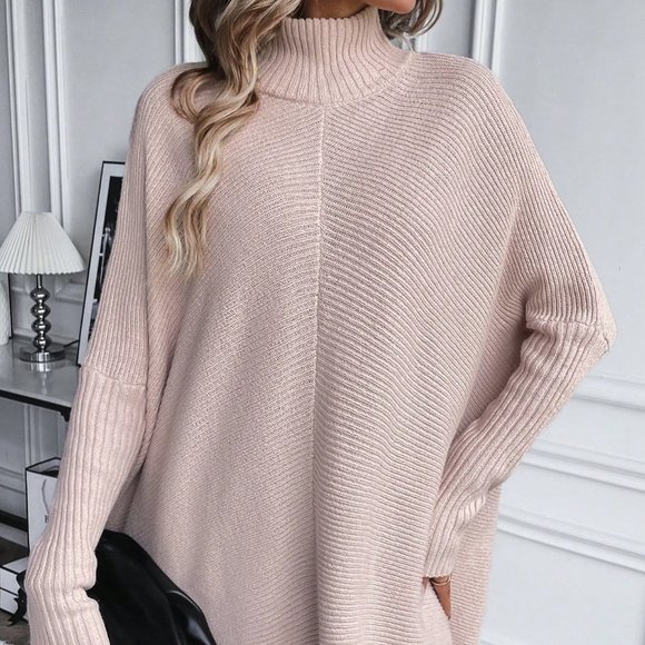 . Sweaters - Dusty Pink Boho Womens Turtleneck Batwing Sleeve Ribbed Knit Sweater